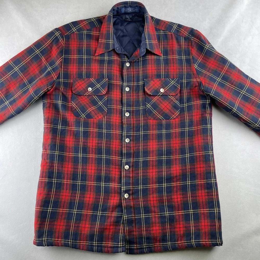 Vintage Tarleton Jacket Mens M Red‎ Navy Plaid Flannel Quilted Lined Padded 90s